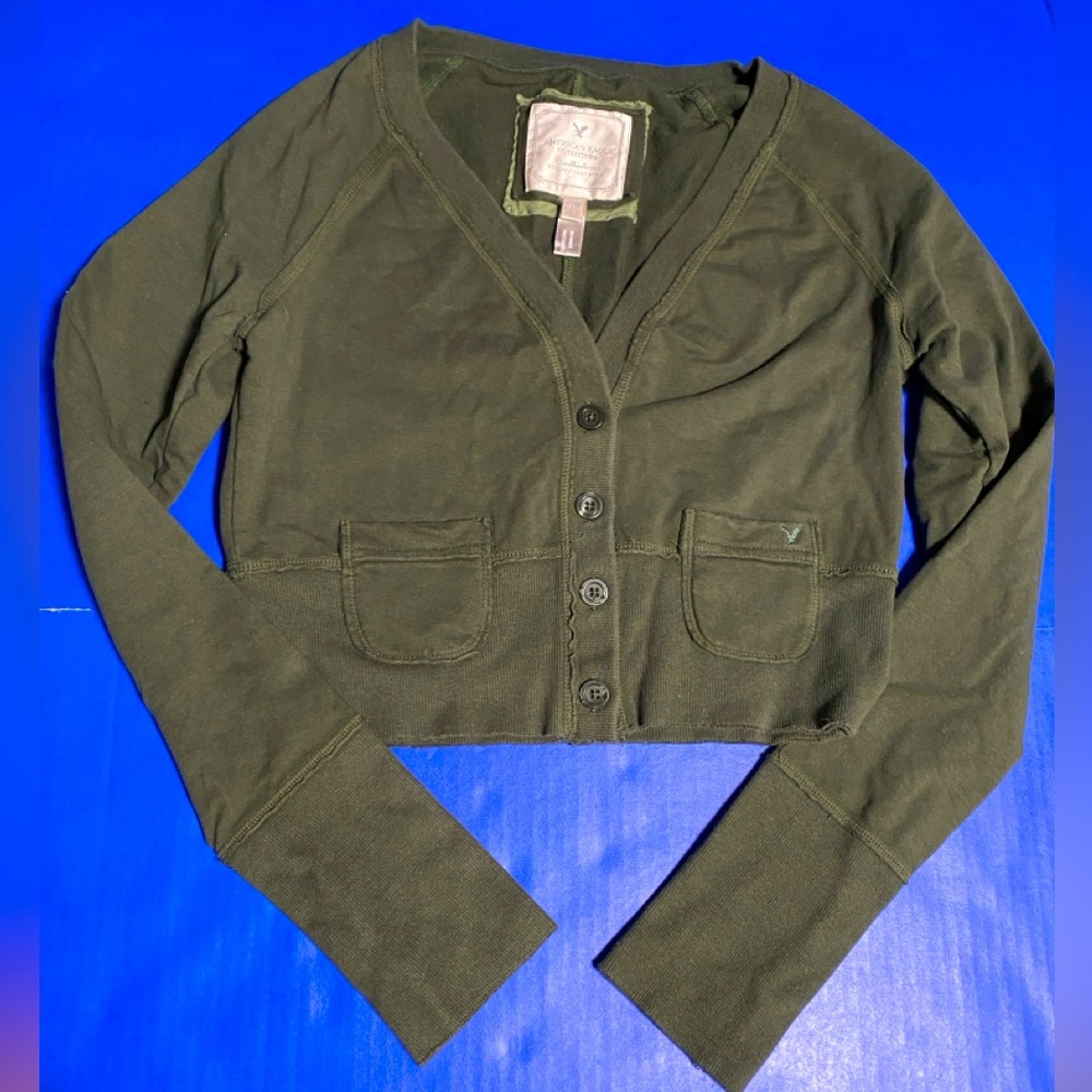 American Eagle Outfitters Y2K Authentic Dark Green Button-Up V-Neck Cardigan M